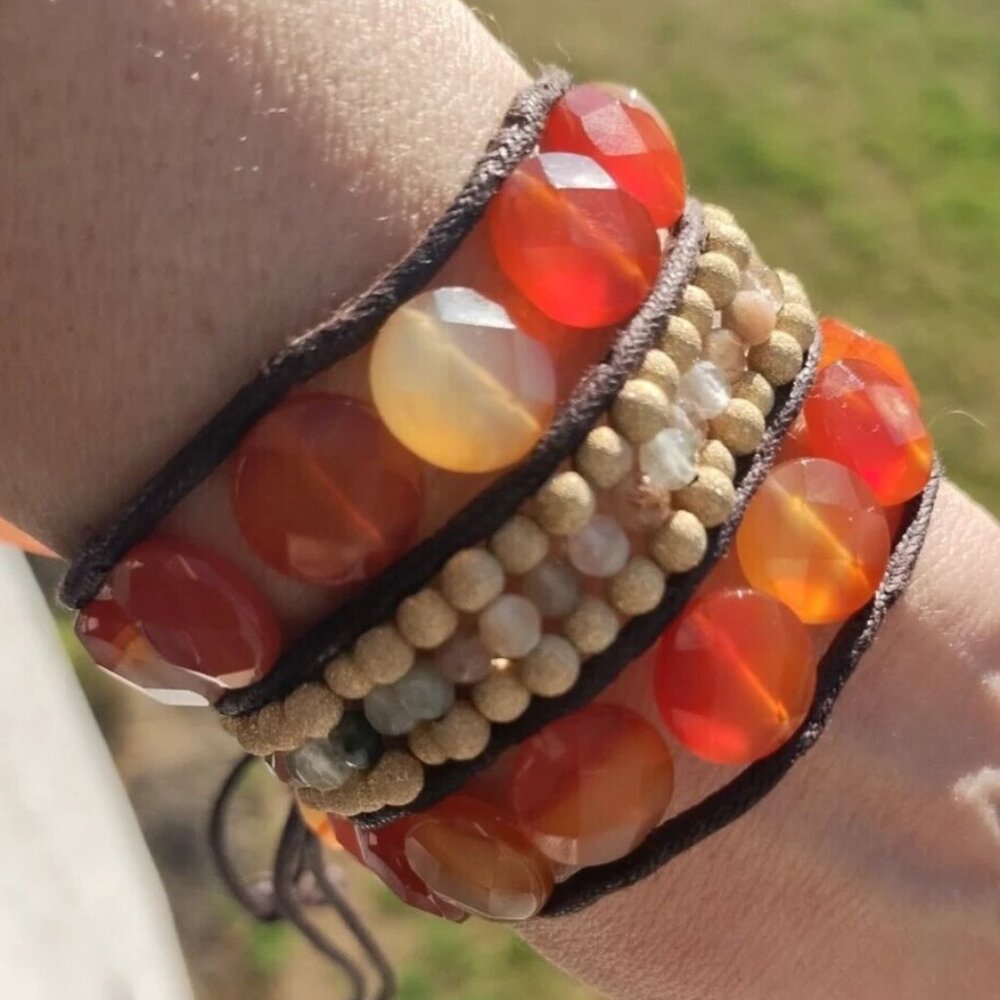 NWT Orange Carnelian Quartz Wide Beaded Cord Tie Bracelet PATRICIA CANDIDO